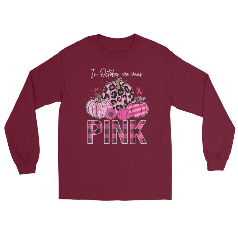 In October We Wear Pink Ribbon Leopard Pumpkin Breast Cancer  Long Sleeve Shirt - Image 3