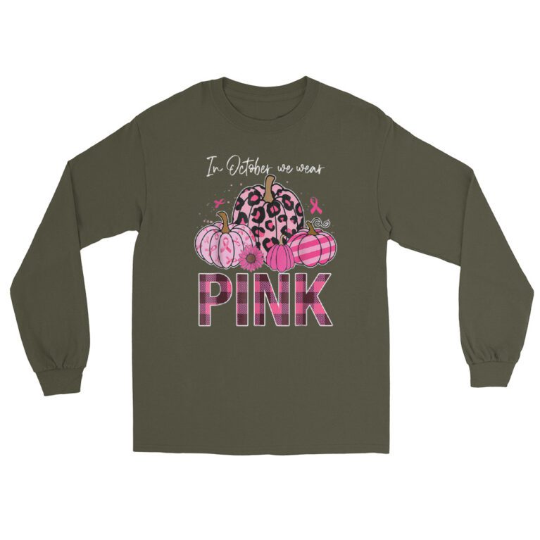 In October We Wear Pink Ribbon Leopard Pumpkin Breast Cancer  Long Sleeve Shirt - Image 6