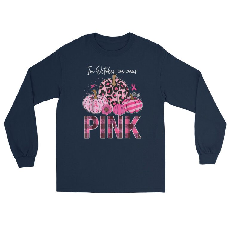 In October We Wear Pink Ribbon Leopard Pumpkin Breast Cancer  Long Sleeve Shirt - Image 2