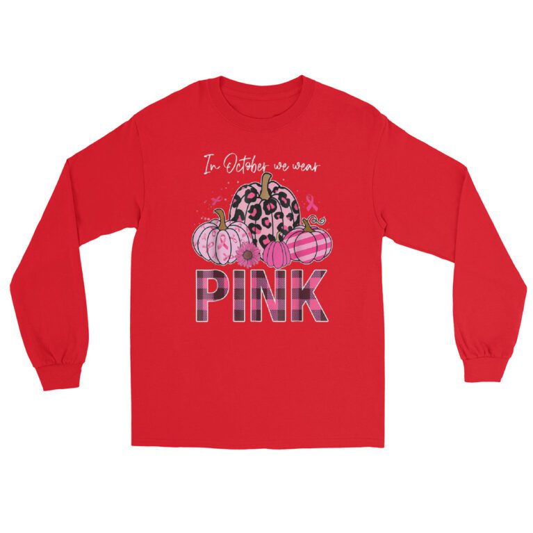 In October We Wear Pink Ribbon Leopard Pumpkin Breast Cancer  Long Sleeve Shirt - Image 4