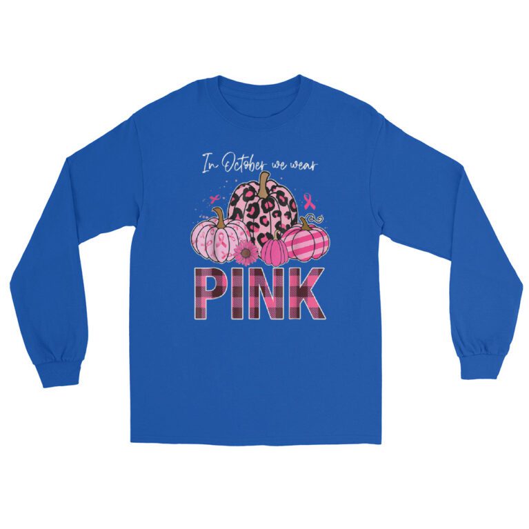 In October We Wear Pink Ribbon Leopard Pumpkin Breast Cancer  Long Sleeve Shirt - Image 5