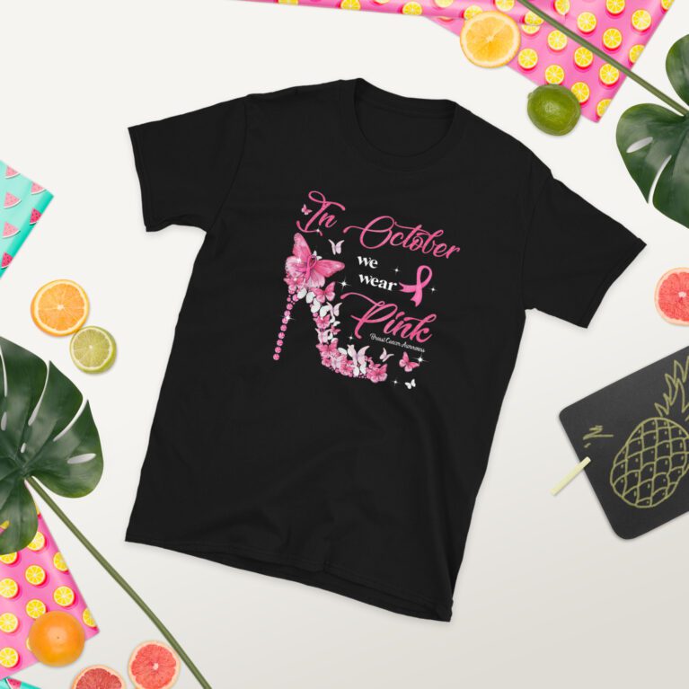 In October We Wear Pink Butterflies Breast Cancer Awareness T-Shirt - Image 2