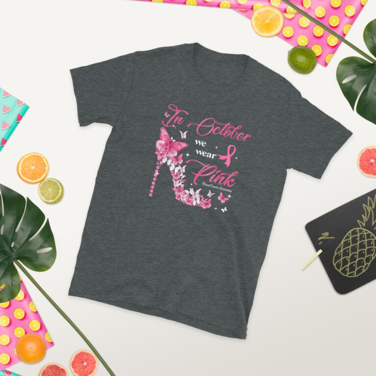 In October We Wear Pink Butterflies Breast Cancer Awareness T-Shirt - Image 6