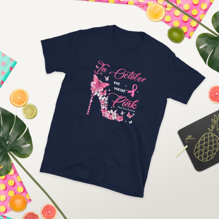 In October We Wear Pink Butterflies Breast Cancer Awareness T-Shirt - Image 4
