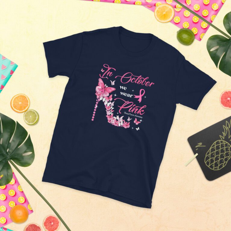 In October We Wear Pink Butterflies Breast Cancer Awareness T-Shirt - Image 3