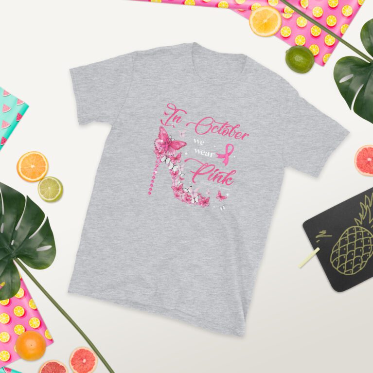 In October We Wear Pink Butterflies Breast Cancer Awareness T-Shirt - Image 8