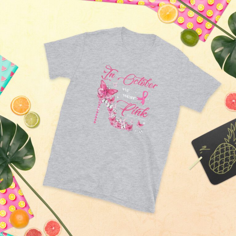 In October We Wear Pink Butterflies Breast Cancer Awareness T-Shirt - Image 7